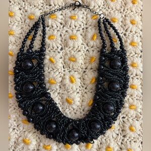 Vintage MCM 70s 60s Black Woven Metal Chain Bead Boho Hippie Collar Necklace